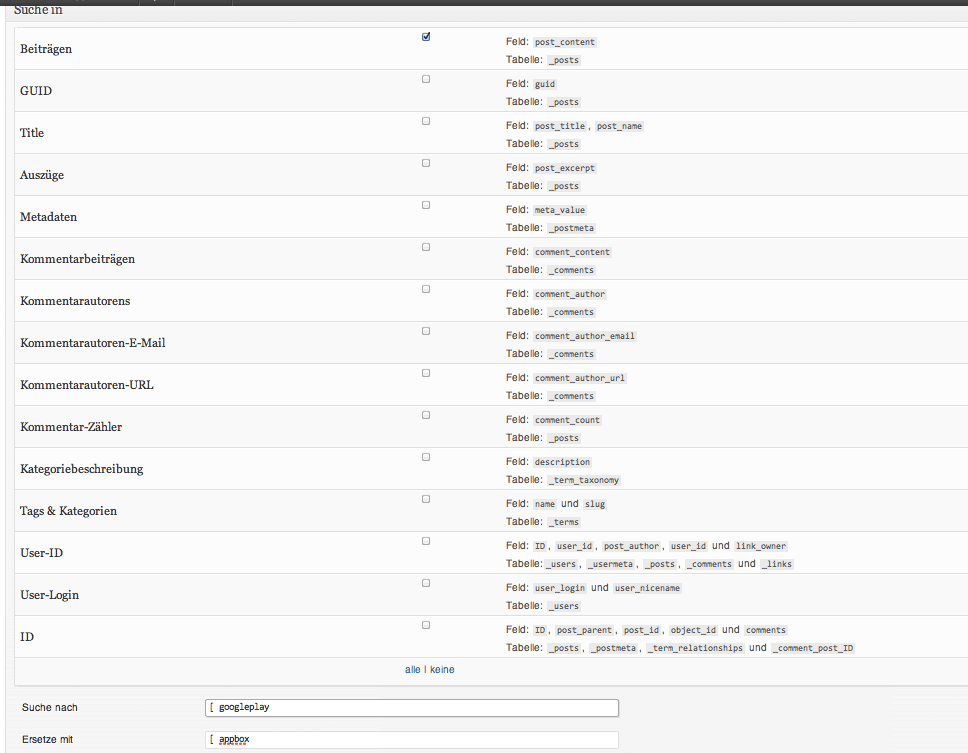 Wordpress Plugin-Empfehung: WP-Appbox Oben: der alte Code des Vorgänder Plugins; unten der neu benötigte shortcode.