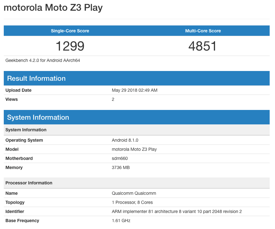 Moto Z3 Play Geekbench