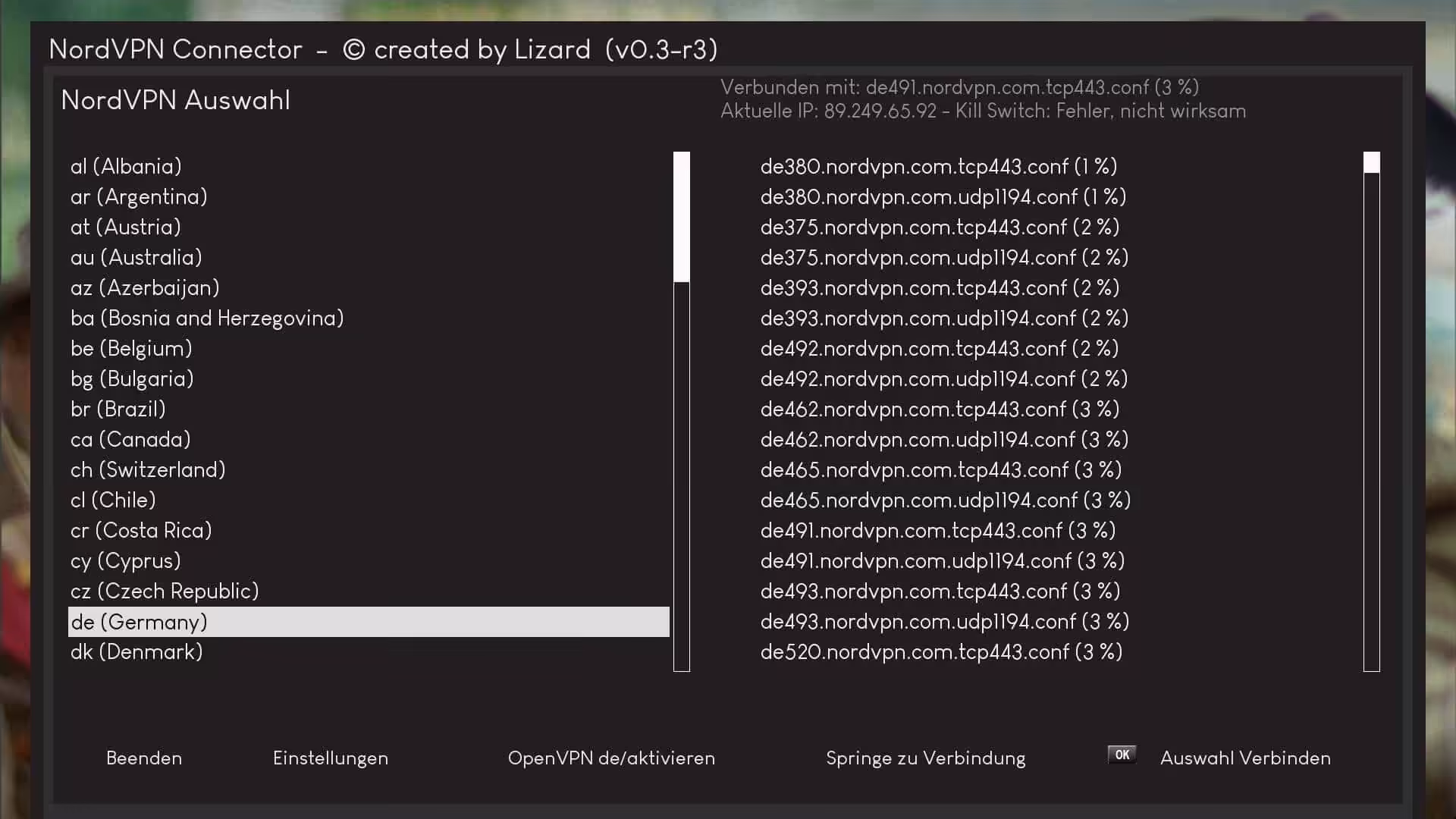 NordVPN Connector Plugin: OpenVPN für Dreambox, VU+ & Co NordVPN Auswahlscreen • techboys.de ▶ Smart Home. PC-Hardware. Streaming. Ohne Blabla.