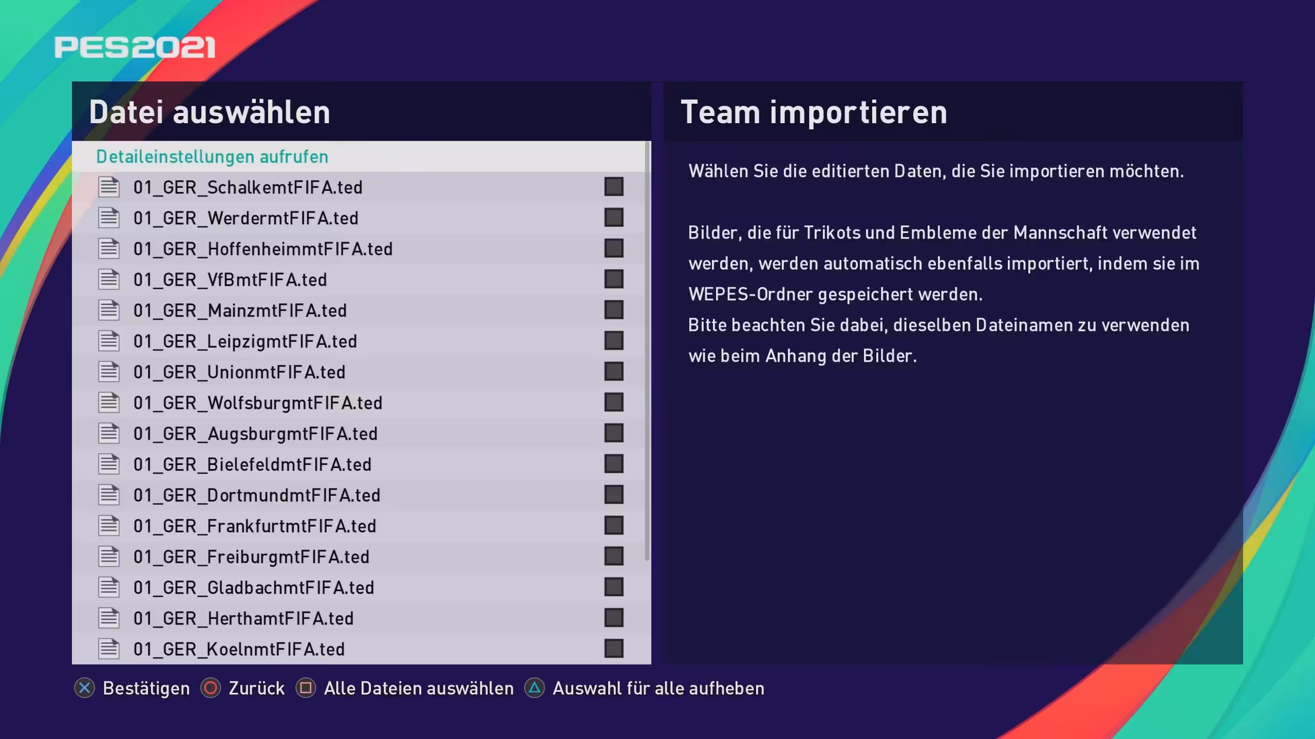 PES 2021 Patch Dateien auswählen