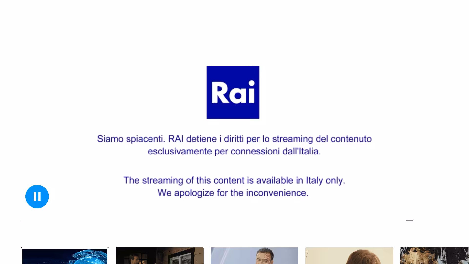 Rai Streaming-Logo auf weißem Hintergrund, Hinweis auf limitierten Content in Italien, Exklusivrecht für italienische Zuschauer.
