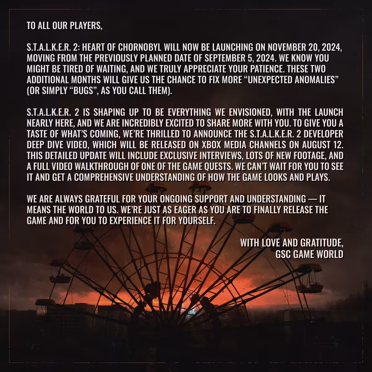 S.T.A.L.K.E.R. 2 Ankündigung über dunklen Himmel mit Riesenrad im Hintergrund, Fokus auf spannende Spieleveröffentlichung und Einblicke in die Entwickler-Videos.