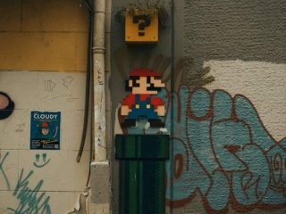 mario bros on the building art