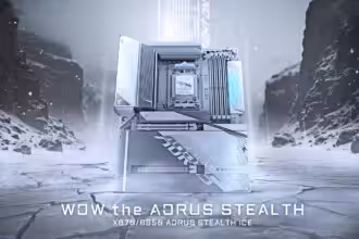 Modernes Intel-Mainboard in frostiger, gigantischer Winterlandschaft, innovative Technik, High-End Hardware, Gaming- und Streaming-Performance, AORUS Stealth ICE, Gaming-Computer, Gaming-Stream, Smart Home Technik, Hardware-Streaming.