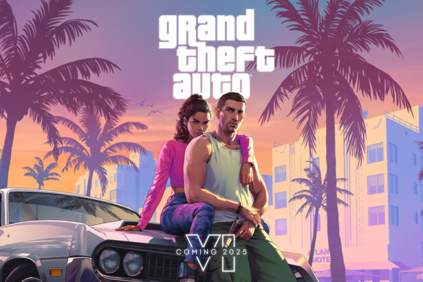 Moderne Grafik aus dem Spiel Grand Theft Auto V mit zwei Charakteren vor Palmen und städtischer Kulisse bei Sonnenuntergang, ideal für Gaming, Streaming und virtuelle Welten.