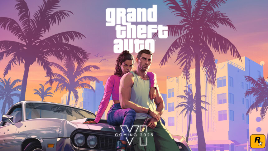Moderne Grafik aus dem Spiel Grand Theft Auto V mit zwei Charakteren vor Palmen und städtischer Kulisse bei Sonnenuntergang, ideal für Gaming, Streaming und virtuelle Welten.