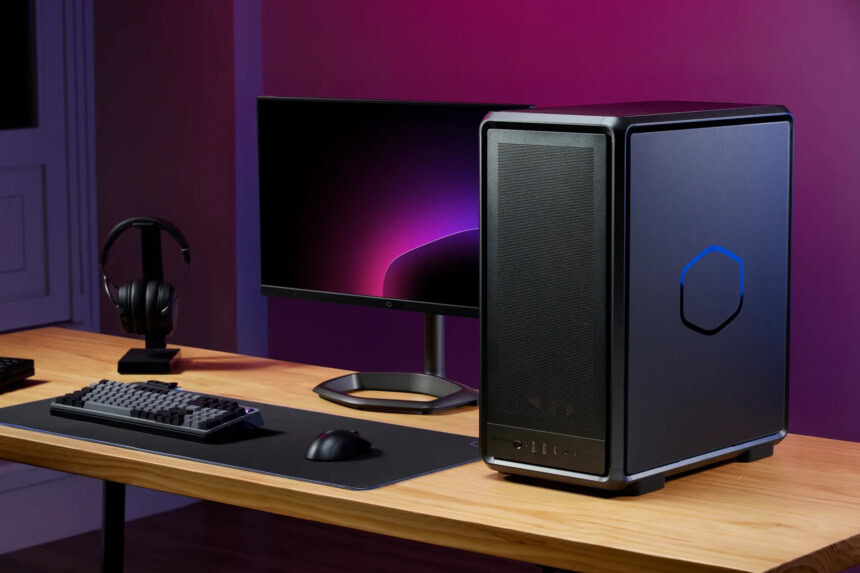 Hochleistungshardware für Smart Home, Gaming und Streaming, inklusive Computer-Tower, Monitor, Gaming-Headset, Tastatur und Maus auf stilvollem Holzschreibtisch.