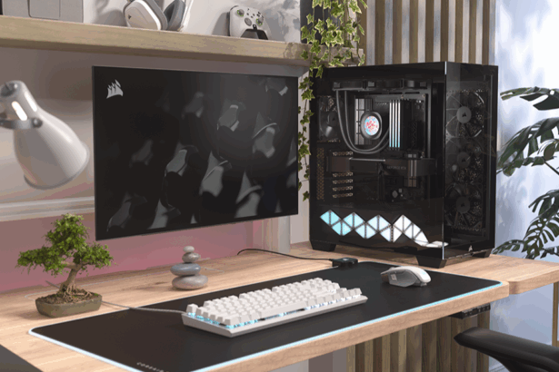 High-End Gaming PC im modernen Smart Home Büro mit hochwertiger Hardware, RGB-Beleuchtung, Streaming-Setup, Gaming-Monitor und smarten Home-Devices für optimale Organisation und Unterhaltung.