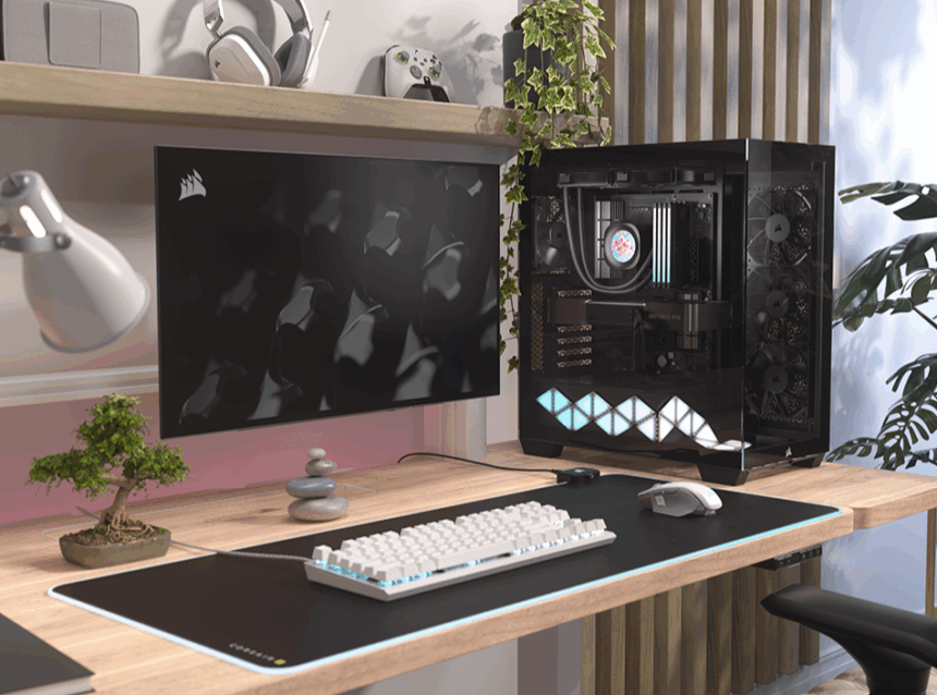 High-End Gaming PC im modernen Smart Home Büro mit hochwertiger Hardware, RGB-Beleuchtung, Streaming-Setup, Gaming-Monitor und smarten Home-Devices für optimale Organisation und Unterhaltung.