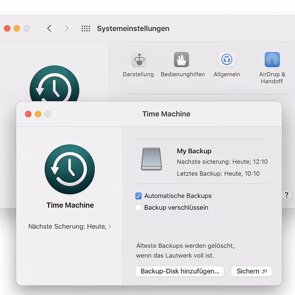 Backup-Festplatte in macOS Systemeinstellungen, für automatische Time Machine Backups, Smart Home Hardware, Streaming-Geräte.