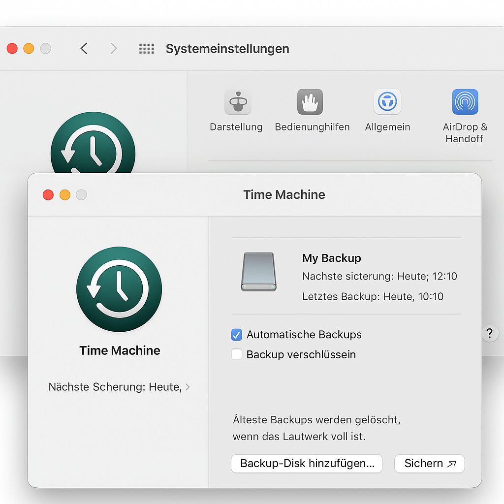 Backup-Festplatte in macOS Systemeinstellungen, für automatische Time Machine Backups, Smart Home Hardware, Streaming-Geräte.