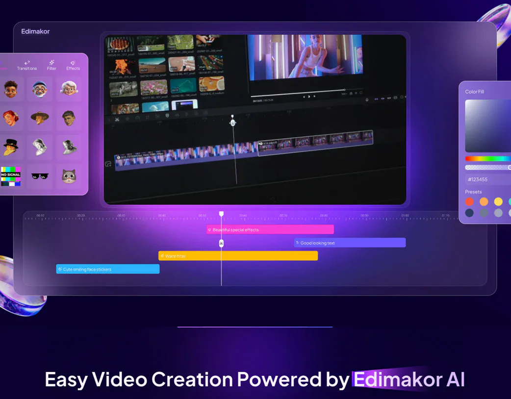 Edimakor + Veo 3: Die ideale All-in-One-Lösung für Video-Editing-Einsteiger Szene aus Videobearbeitungssoftware mit modernen grafischen Elementen für Smart Home, Streaming und Hardware, die innovative Tools für die kreative Videoproduktion präsentieren.