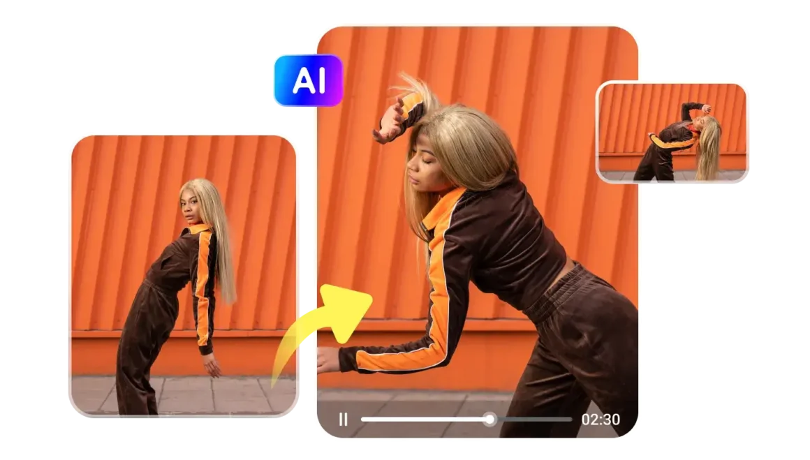 Edimakor + Veo 3: Die ideale All-in-One-Lösung für Video-Editing-Einsteiger Smart Home Technik: Frau macht Dance Moves vor orange Hintergrund, AI-gesteuerte Bildbearbeitung, Streaming-Videoaufnahme, moderne Hardware für intelligente Heimautomatisierung, Unterhaltungssysteme.