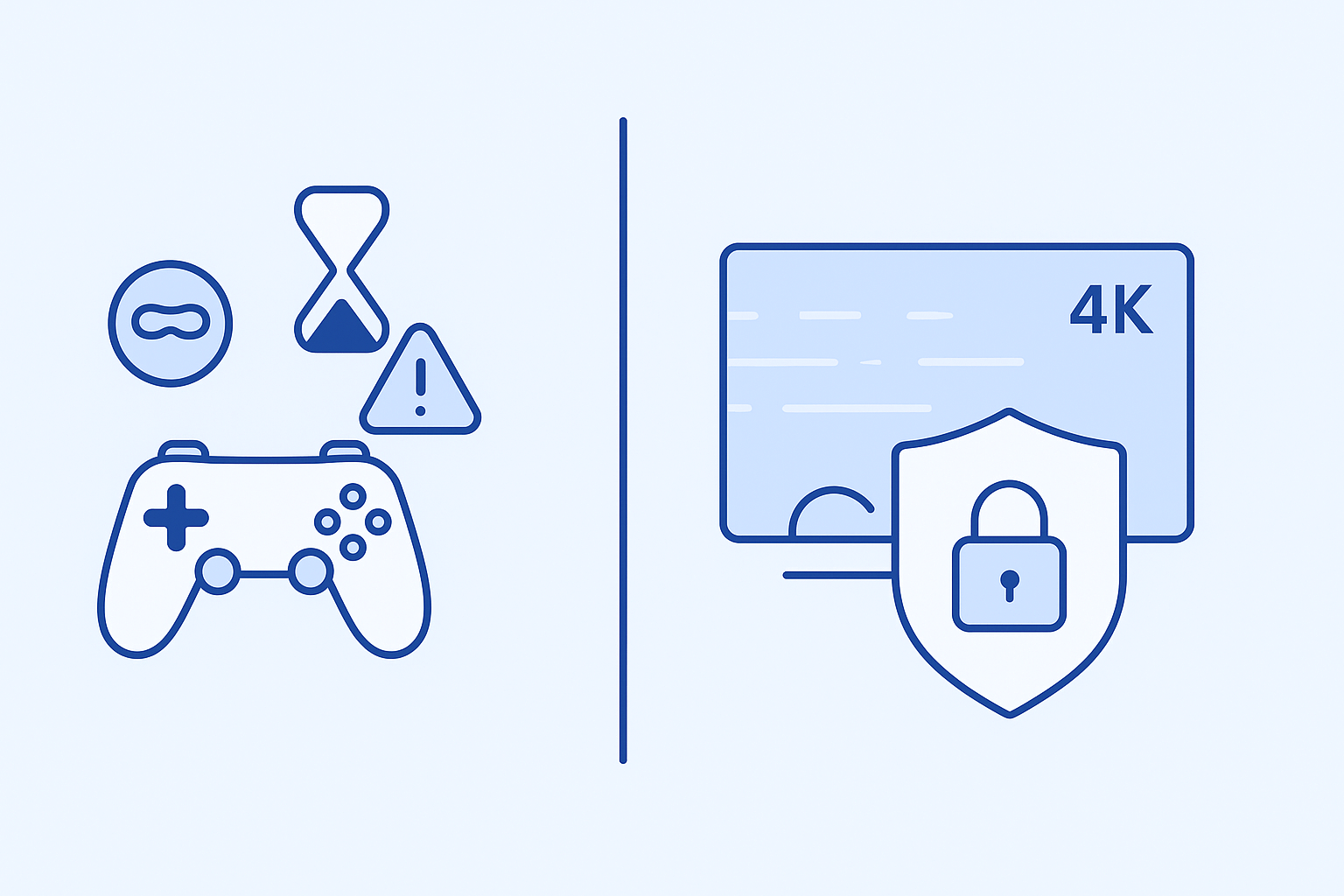 Proxy vs VPN: Warum ich mir Proxys spare und gleich NordVPN nehme Slime blue Linienzeichnung von Gaming-Controller, Warnsymbole und Smart-Home-Schutzschild mit 4K Anzeige, digitale Sicherheit und Smart-Home-Technologie.