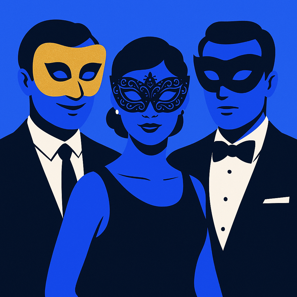 Proxy vs VPN: Warum ich mir Proxys spare und gleich NordVPN nehme Maskierte Menschen bei einer Feier, unkenntlich gemacht, Illustration, digitale Kunst, stilisiert, elegant.