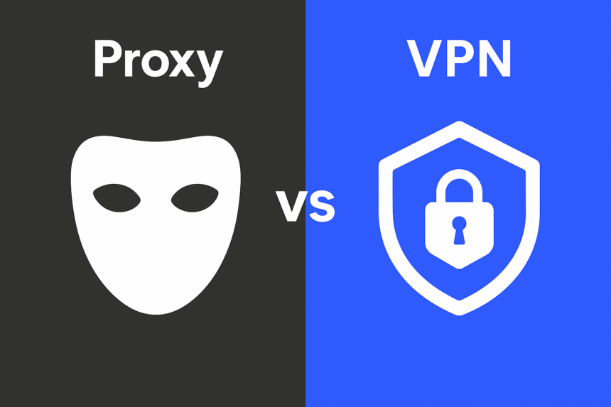 Proxy-Icon und VPN-Symbol als Visualisierung des Vergleichs von Datenschutz- und Sicherheitssoftware, die Online-Privatsphäre im Smart Home und Streaming-Bereich verbessern.