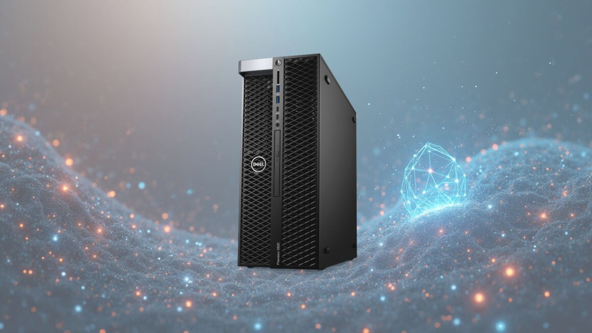 Dell PowerEdge Server vor digitalem Hintergrund mit Netzwerk- und Datenvisualisierung.