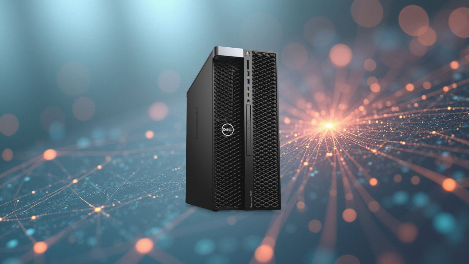 Dell Server in schwarzem Gehäuse vor einem digitalen Netzwerk-Hintergrund, ideal für Smart-Home-Hardware und Streaming-Setups.