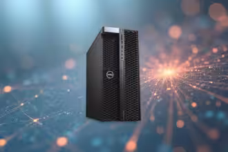 Dell Server in schwarzem Gehäuse vor einem digitalen Netzwerk-Hintergrund, ideal für Smart-Home-Hardware und Streaming-Setups.