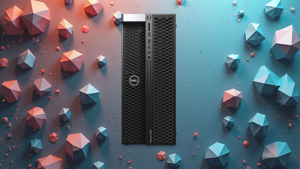 Dell Server in einer modernen, geometrischen 3D-Dekoration mit blauen, pinken und weißen Akzenten. Perfekt für technische Inhalte, Streaming, Smart-Home und Hardware-Themen.