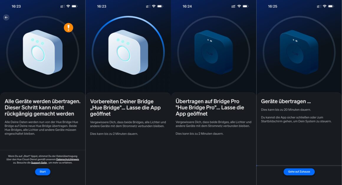 Hue Bridge Pro – die Migration, die mich fast erleuchtet hätte Neue Hue Bridge wird eingerichtet, Datenübertragung dauert bis zu 2 Minuten, danach kann das Smart Home System via App gesteuert werden, ideal für moderne vernetzte Haushalte.
