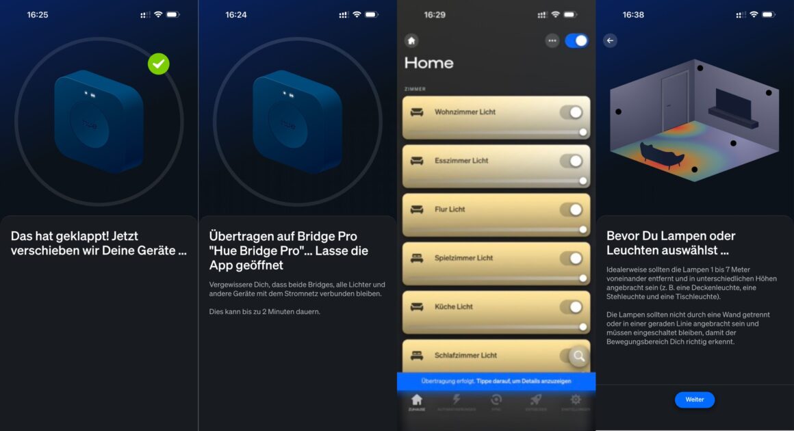Hue Bridge Pro – die Migration, die mich fast erleuchtet hätte Verschiedene Bilder von der Steuerung und Einrichtung von smarten Beleuchtungssystemen im Home-Office, die zeigt, wie man smarte Lichtgeräte per App verbindet, verwaltet und optimiert.