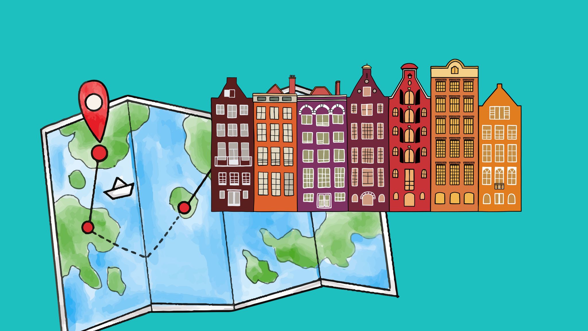 Schöne bunte Illustration von historischen Stadtgebäuden über einer digitalisierten Weltkarte.