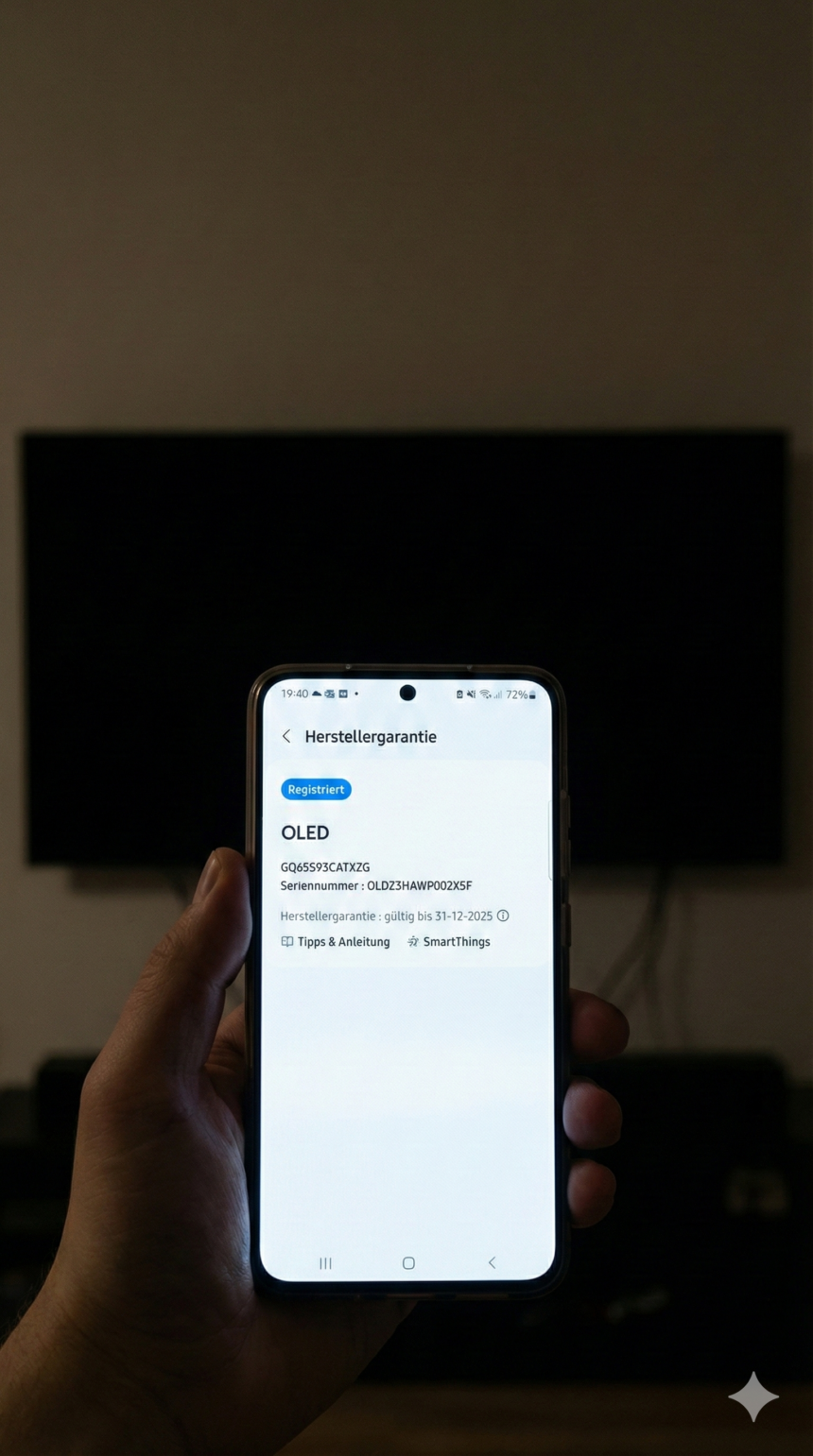 Smartphone zeigt Firmware-Details eines OLED-Fernsehers, wichtig für einfache Geräteverwaltung und Smart Home Integration.