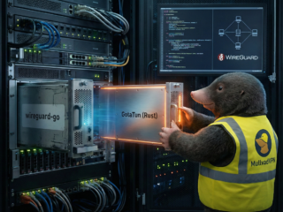 Drohnenansicht eines Serverraums mit einem anthropomorphen Tier in Sicherheitsweste, das an Servern arbeitet und den Fokus auf Smart Home Hardware, Streaming und Netzwerksicherheit legt.