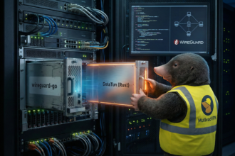 Drohnenansicht eines Serverraums mit einem anthropomorphen Tier in Sicherheitsweste, das an Servern arbeitet und den Fokus auf Smart Home Hardware, Streaming und Netzwerksicherheit legt.