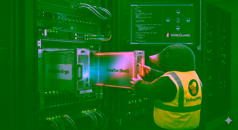 Drohnenansicht eines Serverraums mit einem anthropomorphen Tier in Sicherheitsweste, das an Servern arbeitet und den Fokus auf Smart Home Hardware, Streaming und Netzwerksicherheit legt.