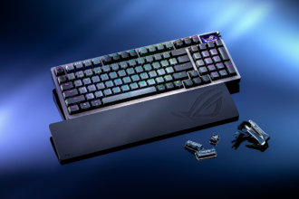 Hochwertiges Gaming-Keyboard mit RGB-Hintergrundbeleuchtung, Handgelenksauflage und ergonomischem Design, ideal für Gaming und Streaming, bietet Komfort und präzise Steuerung.