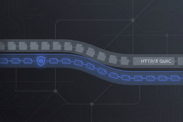 Visualisierung eines Netzwerks mit Datenübertragung, HTTP/3 QUIC-Protokoll, digitale Infrastruktur, Smart Home Hardware, Streaming-Technologie, moderne Netzwerk-Komponenten, intelligente Hausautomation.