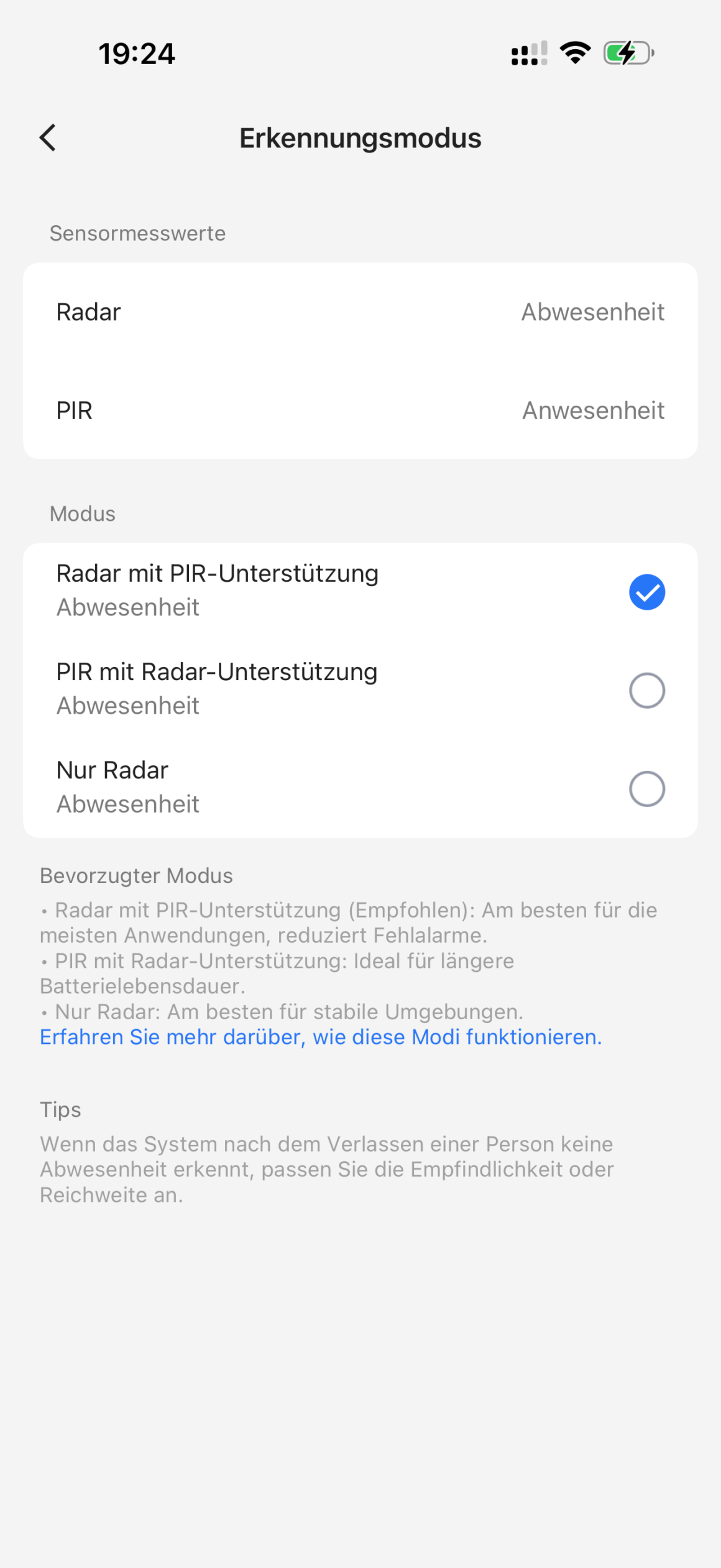 Meross MS605 im Test: mmWave-Radar, das mich auf dem Sofa nicht findet Meross App Erkennungsmodus: Radar zeigt Abwesenheit, PIR zeigt Anwesenheit