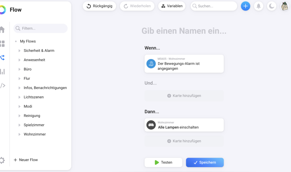 Meross MS605 im Test: mmWave-Radar, das mich auf dem Sofa nicht findet Homey Pro Flow-Editor: Meross MS605 Bewegungs-Alarm als Trigger für Wohnzimmer-Beleuchtung