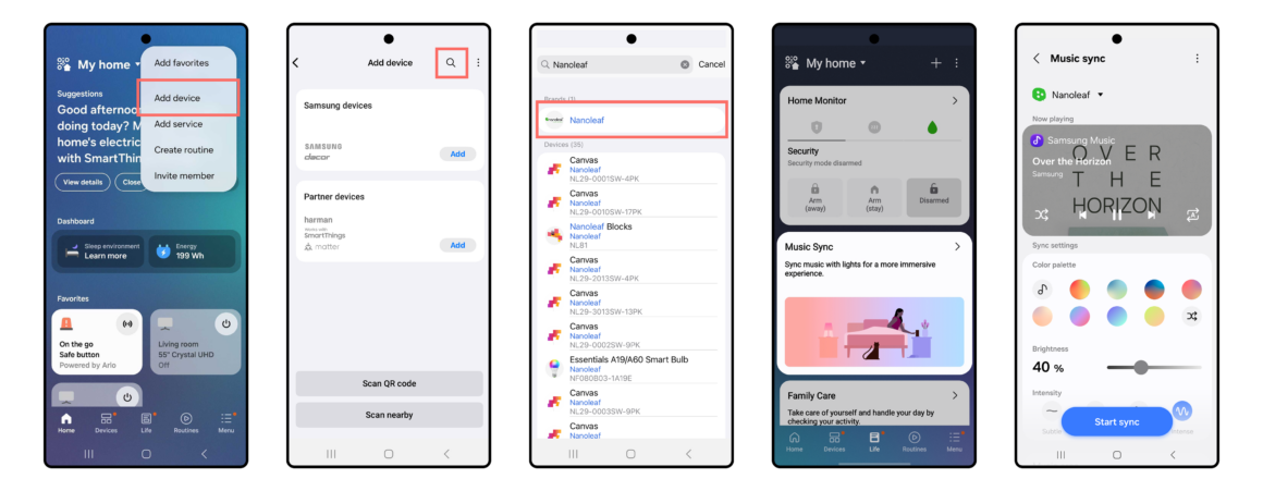Nanoleaf SmartThings bringt Music Sync. Apple Home schaut zu. Nanoleaf SmartThings Setup-Screens in der Samsung-App