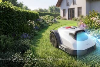 Eufy C15 Rasenmähroboter mit Garage auf Rasenfläche