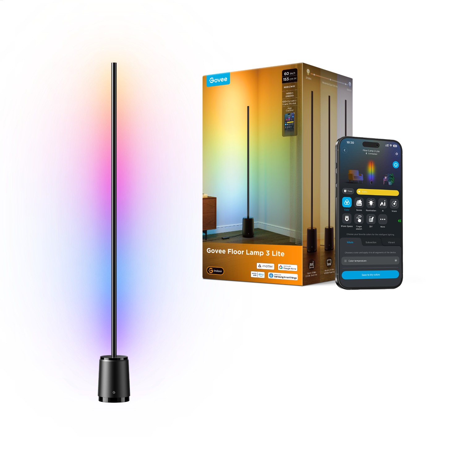 Govee Floor Lamp 3 Lite in Schwarz, RGBICWW-LEDs mit 1.400 Lumen