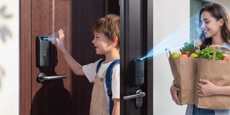 SwitchBot Lock Vision Pro Smart Lock mit 3D-Gesichtserkennung und Handvenen-Scan an Haustür im Einsatz