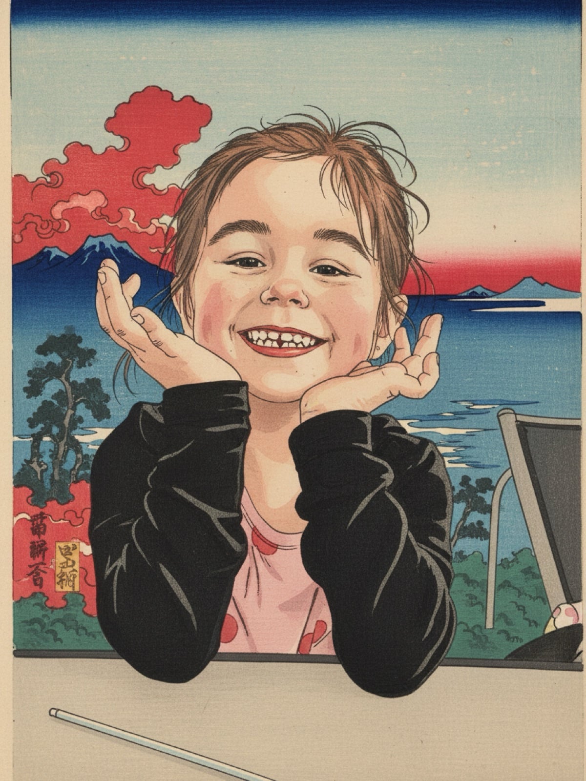 Der eine ist eine Briefmarke, der andere ein Gemälde: 5 Wochen SwitchBot KI Art Frame SwitchBot KI Art Frame AI Art Remix: Kinderporträt im Hokusai-Holzschnitt-Stil