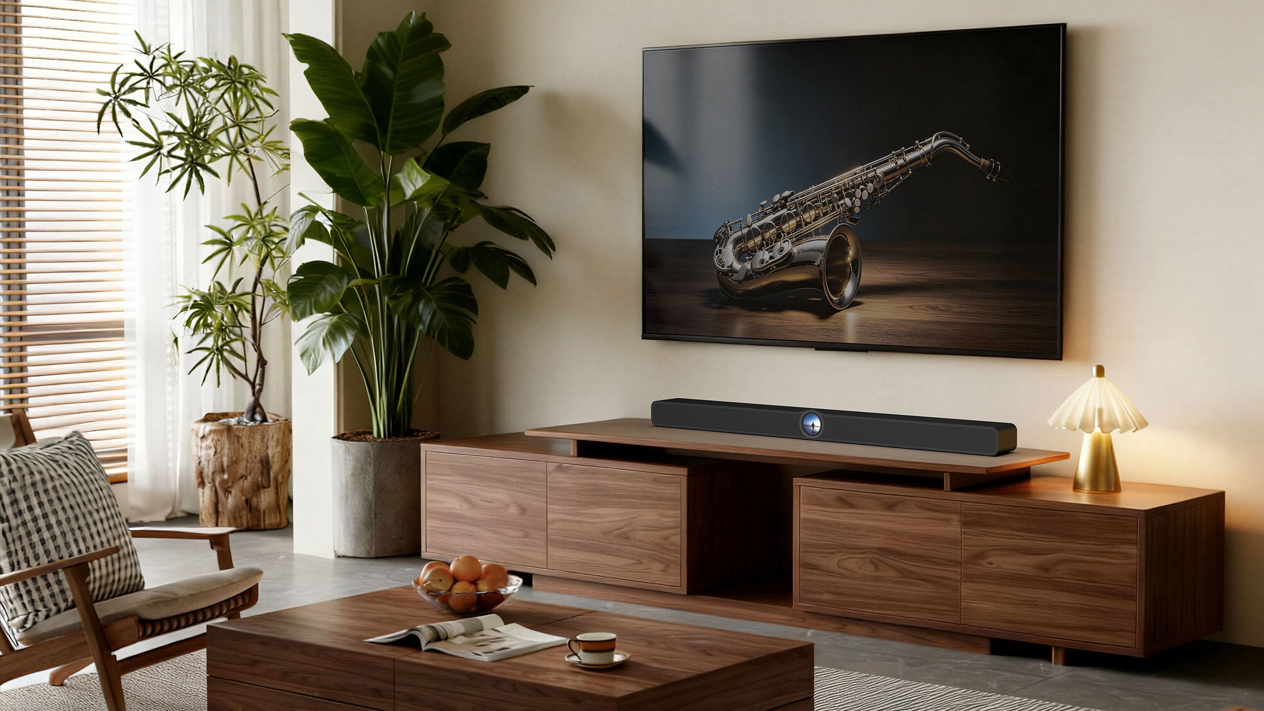 Die WiiM Bar greift Sonos an, und als Sonos-Nutzer verstehe ich warum WiiM Bar auf einem Holz-Sideboard unter einem Wandfernseher im hellen Wohnzimmer