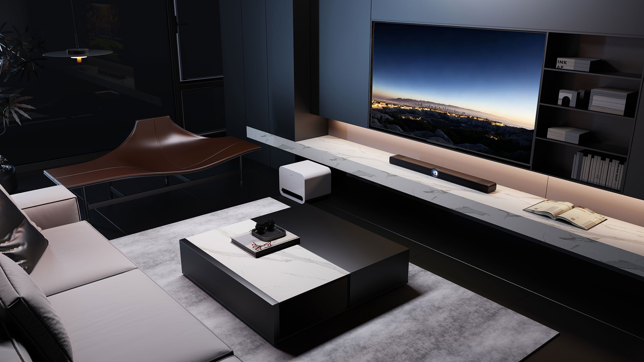 Die WiiM Bar greift Sonos an, und als Sonos-Nutzer verstehe ich warum WiiM Bar mit separatem weißem Subwoofer in einem abgedunkelten Wohnzimmer