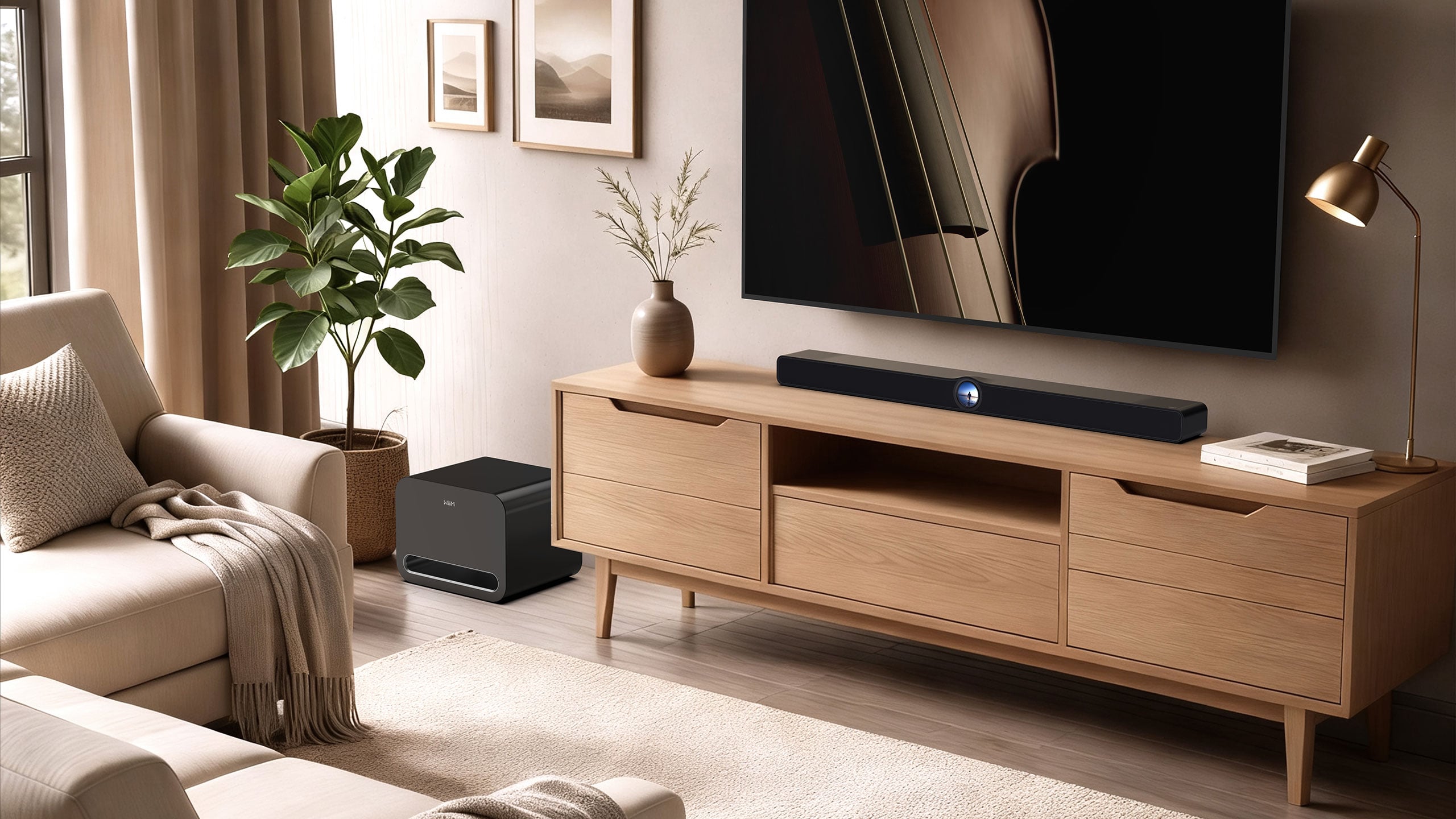 Die WiiM Bar greift Sonos an, und als Sonos-Nutzer verstehe ich warum WiiM Bar auf einem Sideboard mit separatem schwarzem Subwoofer am Boden im hellen Wohnzimmer