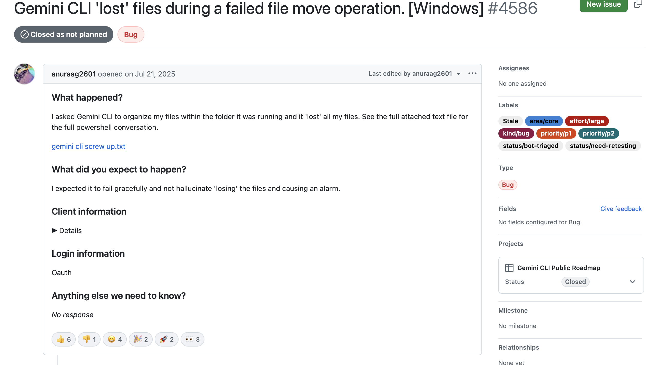 GitHub-Issue #4586 zum Gemini-CLI-Lösch-Vorfall