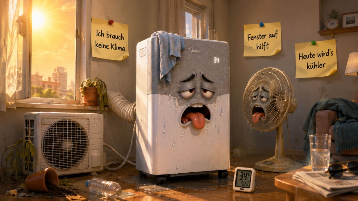 Comic-Illustration: eine erschöpfte Midea PortaSplit Klimaanlage schwitzt bei 34 Grad neben einem Ventilator, an der Wand kleben Zettel mit Ausreden gegen Klimaanlagen