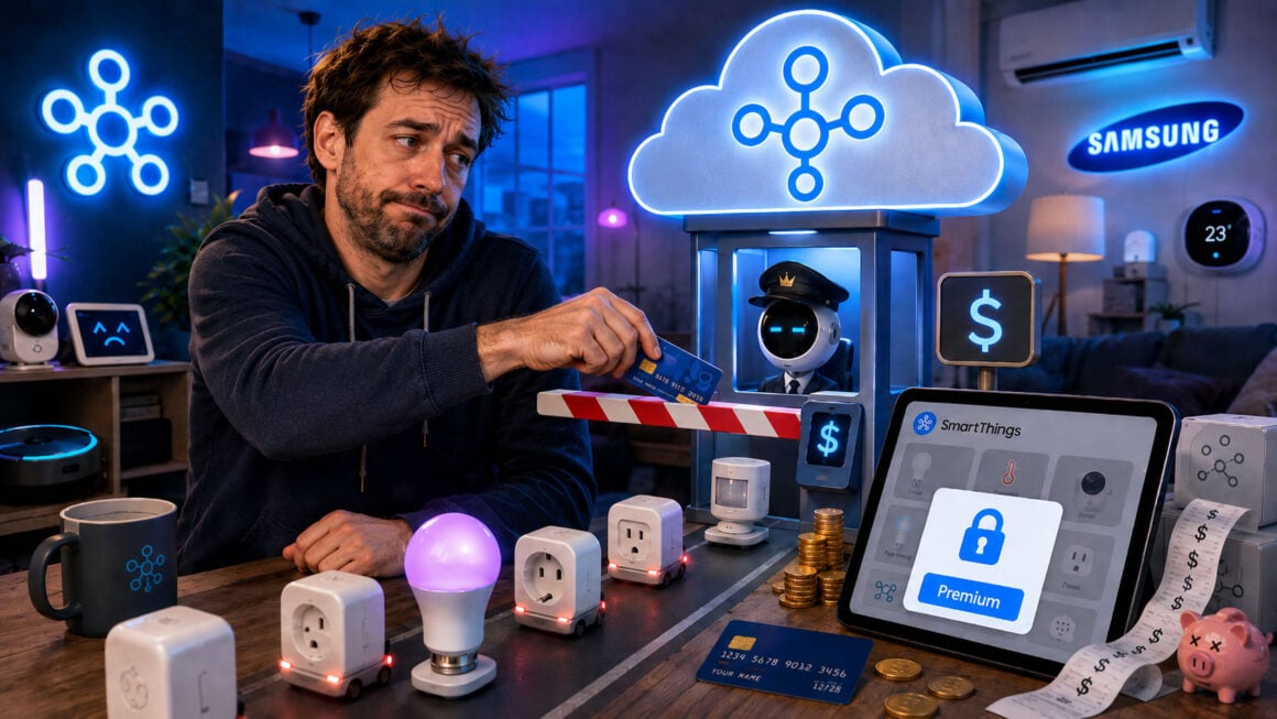 Comic-Illustration: ein Nutzer zahlt mit Kreditkarte an einer Mautschranke vor der SmartThings-Cloud, bewacht von einem Premium-Roboter mit Krone