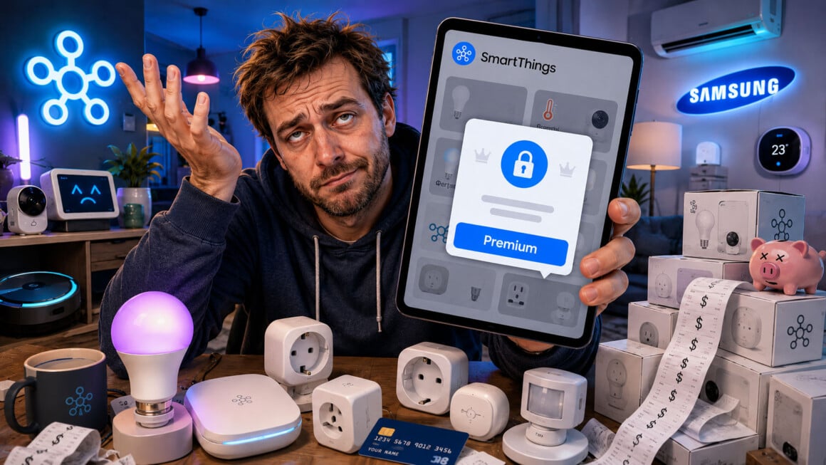 Comic-Illustration zum Thema SmartThings kostenpflichtig: genervter Nutzer mit einem Tablet, das die SmartThings-Premium-Paywall zeigt, ringsum Smart-Home-Geräte und das Samsung-Logo