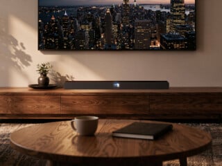 WiiM Bar Dolby-Atmos-Soundbar mit rundem Touch-Display unter einem Wandfernseher