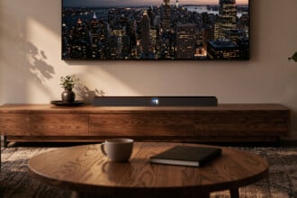 WiiM Bar Dolby-Atmos-Soundbar mit rundem Touch-Display unter einem Wandfernseher