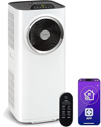 Klarstein Kraftwerk Smart 10K Mobiles Klimagerät – 10000 BTU, 29-49 m², App & Alexa Steuerung, 3-Stufen Ventilator, 23 l/h Entfeuchtung, Leise, Inkl. Fensterkit, Weiß